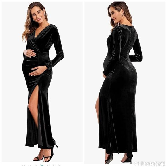 NWT Elegant Velvet Formal Dress Long Sleeve Wedding Guest with slit Dress - Picture 1 of 15